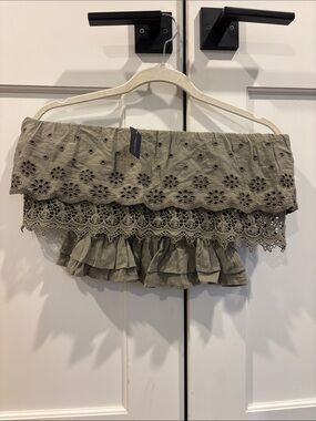 Eyelet Off-Shoulder Crop Top in Olive Green